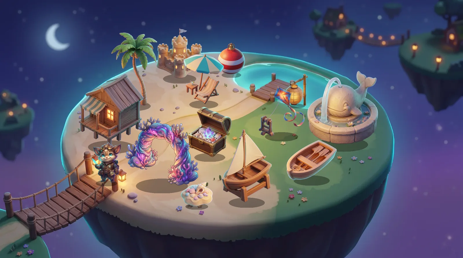 A second island with a beach, a palm tree, a sandcastle, a sailboat and a whale fountain, reached by a rope bridge