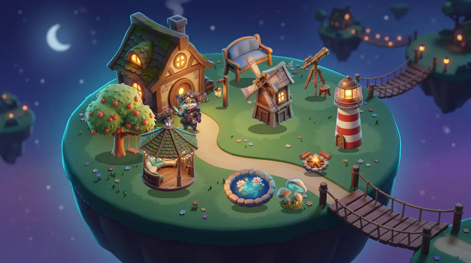A floating island at dusk with a cottage, an apple tree, a reading gazebo, a windmill, a lighthouse and a companion at the door