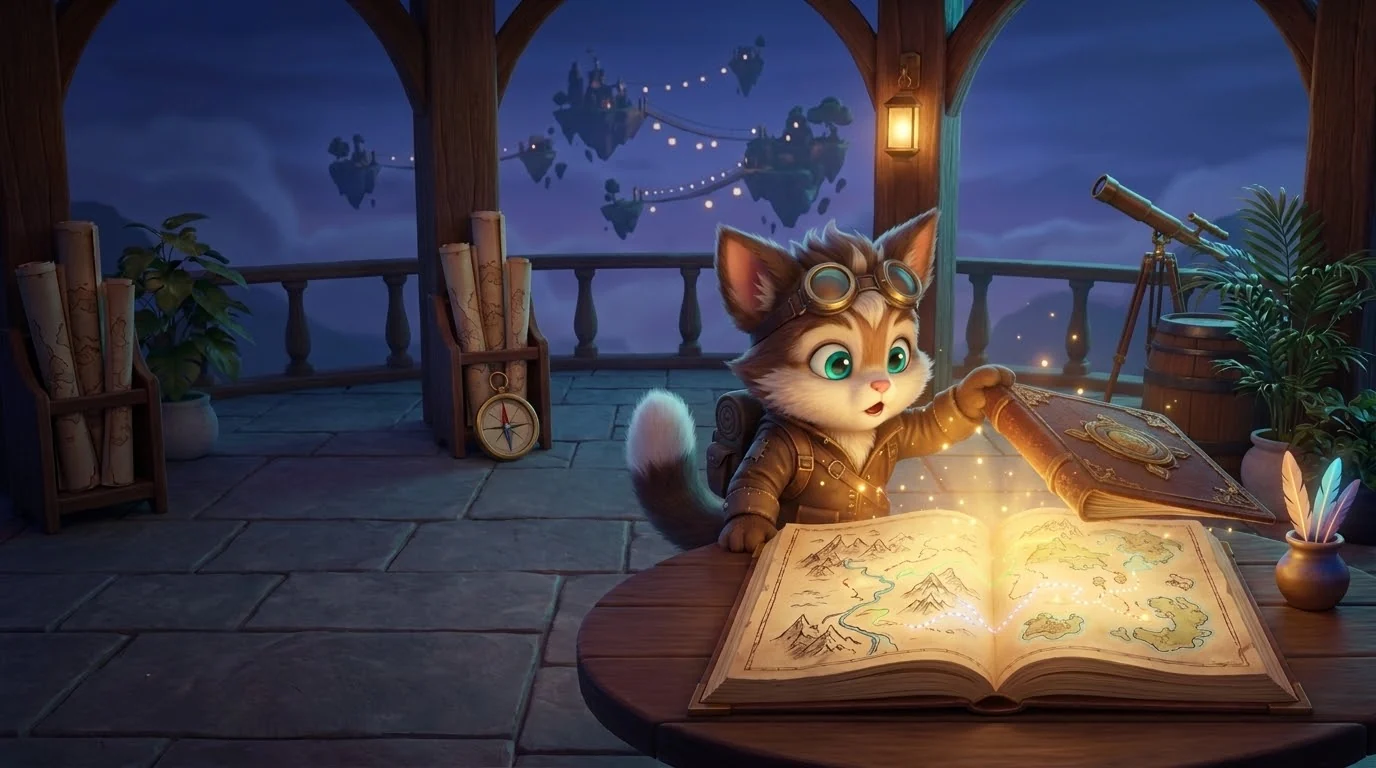 Sparky opens a big old atlas for the first time. The paths on its map stop half-way.