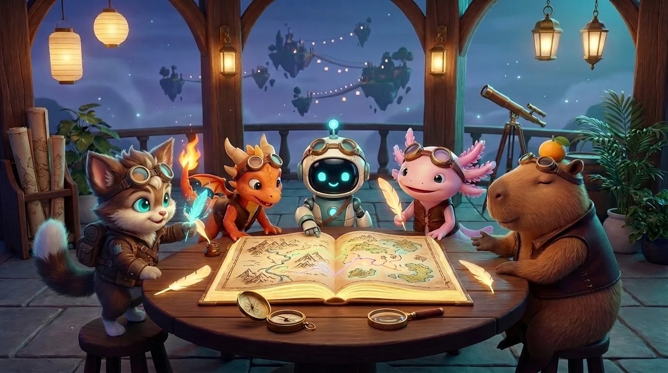 Sparky, Ember, Bolt, Luna and Capy gather around the glowing atlas on a terrace at dusk.