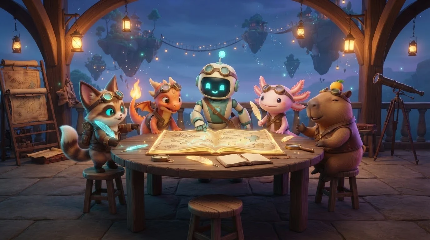 The five friends sit around the table. In front of them, one stool is empty and waiting.