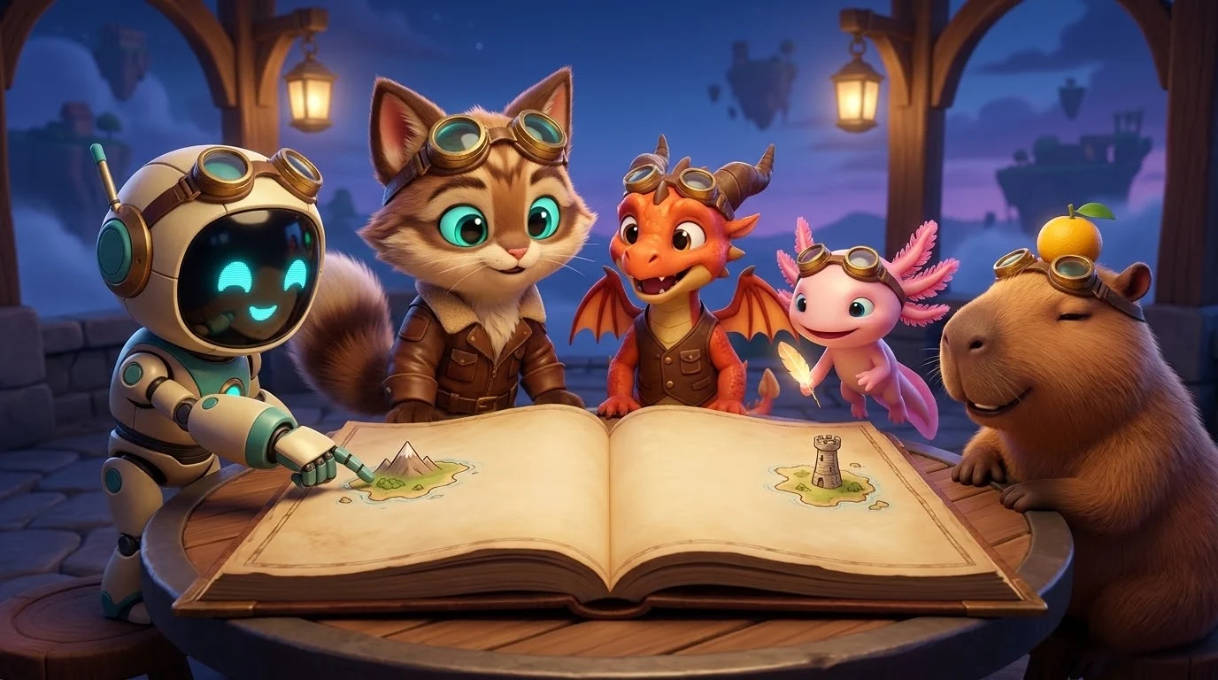 The friends lean over the atlas. Bolt points at an island with a mountain, Luna at an island with a tower, and a path of light joins them.