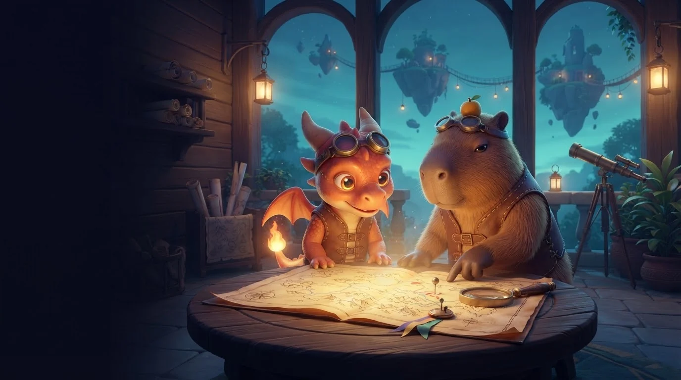 Ember and Capy look again at a stop they marked on the map. Capy points to a detail; Ember smiles.