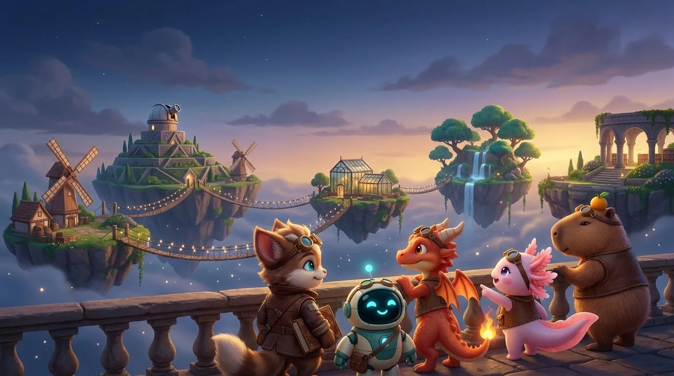The five friends stand together and look out at floating islands joined by bridges of light.